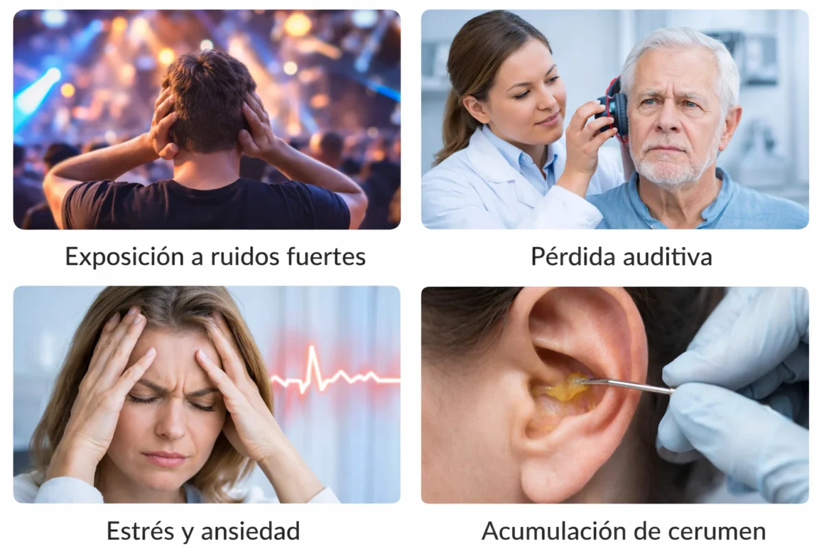 Collage de personas con estrés, dificultad para dormir, pérdida auditiva y molestias por ruido constante