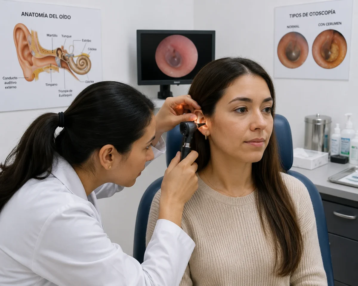 Paciente realizando un examen auditivo o audiometría en cabina audiométrica