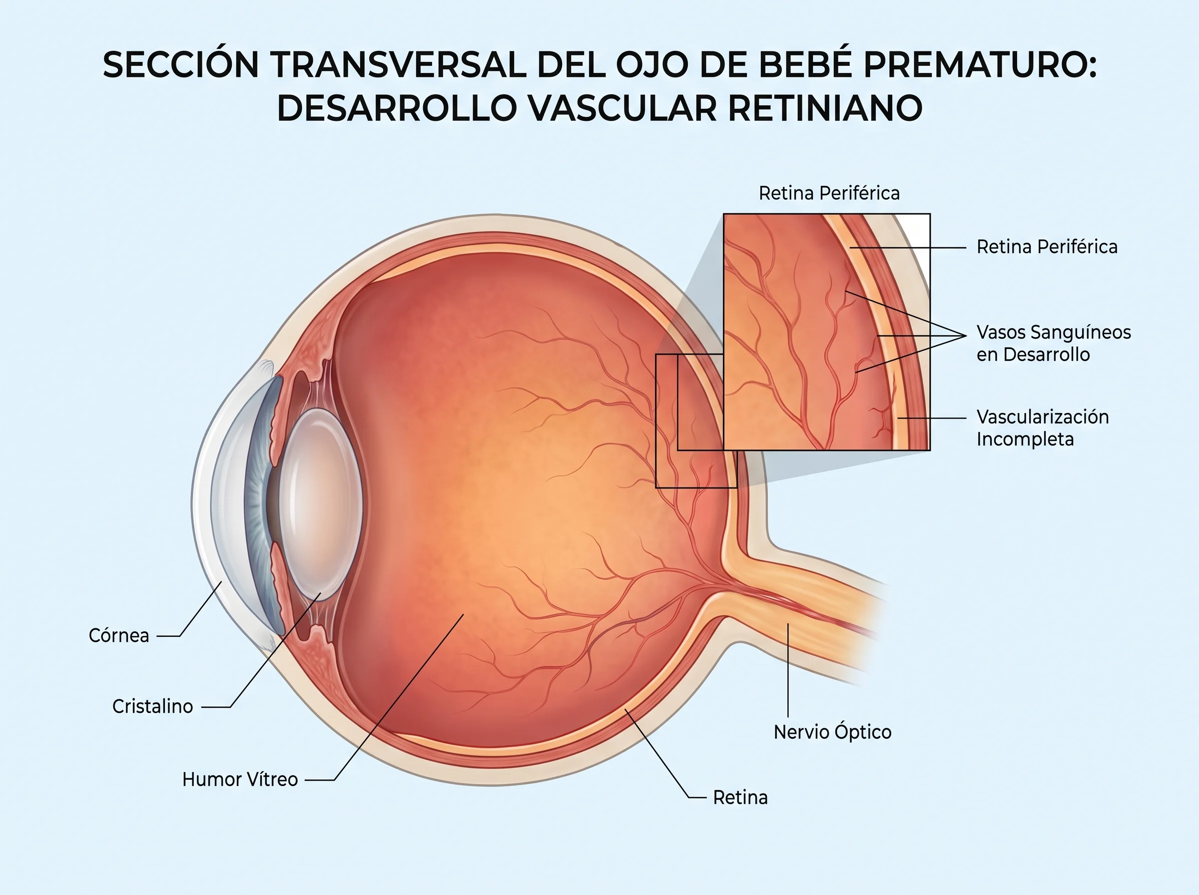 Imagen clínica de la retina de un bebé prematuro con signos de retinopatía